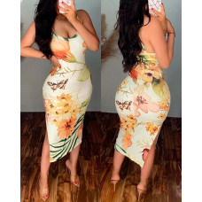 Floral Butterfly Print Split Hem Bodycon Dress - light yellow