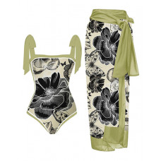 Floral Butterfly Print Tied Detail One Piece Swimsuit With Cover Up Skirt - light green