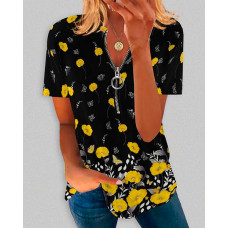 Floral Butterfly Print Zip Front Casual T-shirt - black