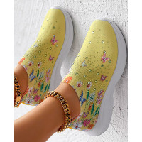 Floral Butterfly Waterdrop Print Breathable Slip-On Sneakers - yellow