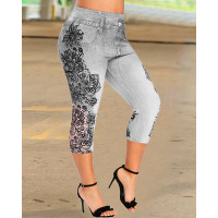 Floral Denim Look Print Butt Lifting Sports Leggings - gray