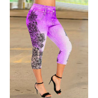 Floral Denim Look Print Butt Lifting Sports Leggings - purple