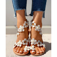 Floral Embellished Toe Ring Casual Sandals - white