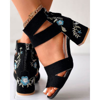 Floral Embroidered Chunky Heeled Sandals - blue