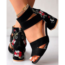 Floral Embroidered Chunky Heeled Sandals - red