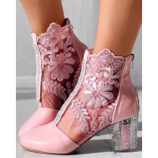 Floral Embroidery Clear Chunky Heel Boots - pink