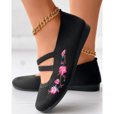 Floral Embroidery Hollow Out Casual Loafers - black