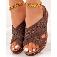 Floral Embroidery Hollow Out Wedge Slippers Summer Sandals - coffee