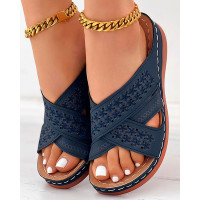 Floral Embroidery Hollow Out Wedge Slippers Summer Sandals - purplish blue