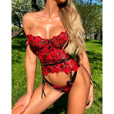 Floral Embroidery Lace Garter Lingerie Set - red