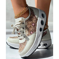 Floral Embroidery Lace Patch Muffin Sneakers - Apricot