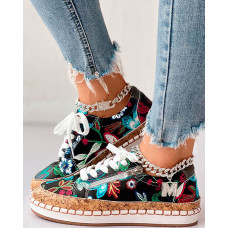 Floral Embroidery Lace-up Muffin Sneakers - black