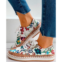 Floral Embroidery Lace-up Muffin Sneakers - Multicolor