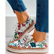 Floral Embroidery Lace-up Muffin Sneakers - Multicolor