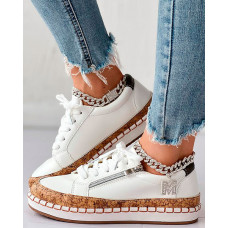 Floral Embroidery Lace-up Muffin Sneakers - white