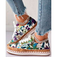 Floral Embroidery Lace-up Muffin Sneakers - white&purple