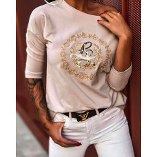 Floral Embroidery Letter Pattern Long Sleeve Top - Apricot