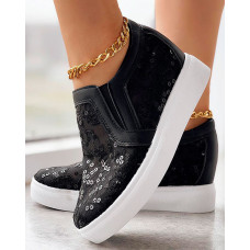 Floral Embroidery Mesh Patch Slip On Platform Loafers - black