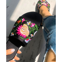 Floral Embroidery Open Toe Flat Slippers - black