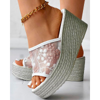 Floral Embroidery Sheer Mesh Platform Wedge Slippers - pink&white