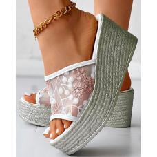 Floral Embroidery Sheer Mesh Platform Wedge Slippers - pink&white