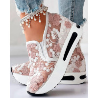 Floral Embroidery Sheer Mesh Sneakers - pink&white