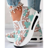 Floral Embroidery Sheer Mesh Sneakers - white&green