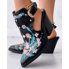 Floral Embroidery Studded Slingback Buckled Boots - black