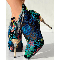 Floral Embroidery Tassel Design Wedding Boots - black&blue