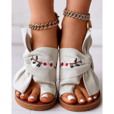 Floral Embroidery Tied Detail Toe Ring Slippers - beige