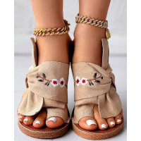 Floral Embroidery Tied Detail Toe Ring Slippers - khaki