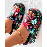 Floral Embroidery Wide Strap Wedge Slippers - black