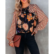 Floral Geo Print Patchwork Flounce Sleeve Top - Multicolor