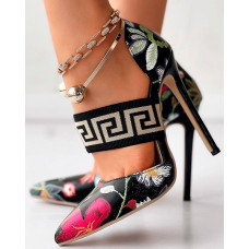 Floral Geometric Stiletto Heel Pumps - black