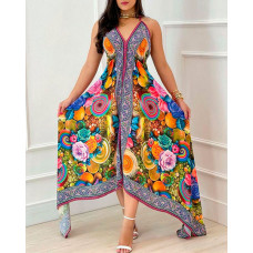 Floral Graphic Print Asymmetrical Cami Dress - Multicolor