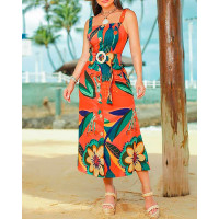 Floral Graphic Print Square Neck Sleeveless Dress - orange