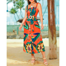 Floral Graphic Print Square Neck Sleeveless Dress - orange