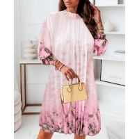 Floral Leaf Print Frill Hem Pleated Dress - pink