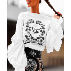 Floral Letter Print Frill Hem Lantern Sleeve Top - white