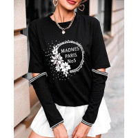 Floral Letter Print Long Sleeve Cutout Top - black