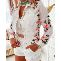 Floral Letter Print Long Sleeve Top & Shorts Set - white