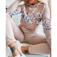 Floral Patchwork Drawstring Hooded Long Sleeve Top & Pants Set - Apricot