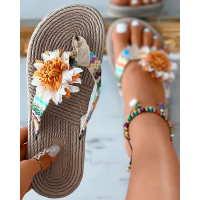 Floral Pattern Bohemian Toe Post Flip Flops - yellow