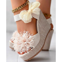 Floral Pattern Bowknot Decor Platform Wedge Sandals - beige