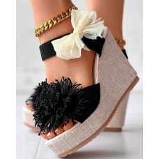 Floral Pattern Bowknot Decor Platform Wedge Sandals - black