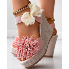 Floral Pattern Bowknot Decor Platform Wedge Sandals - pink