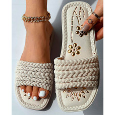 Floral Pattern Braided Strap Beach Slippers - beige