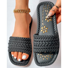 Floral Pattern Braided Strap Beach Slippers - black