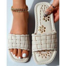 Floral Pattern Braided Wide Strap Slippers - beige