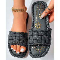 Floral Pattern Braided Wide Strap Slippers - black